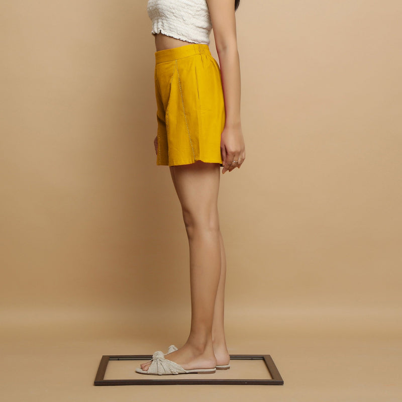 Golden Yellow Cotton Poplin Mid-Rise Shorts