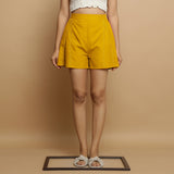 Golden Yellow Cotton Poplin Mid-Rise Shorts