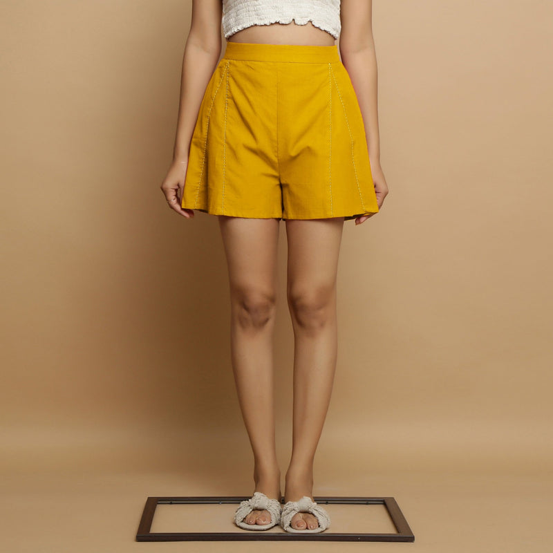 Golden Yellow Cotton Poplin Mid-Rise Shorts