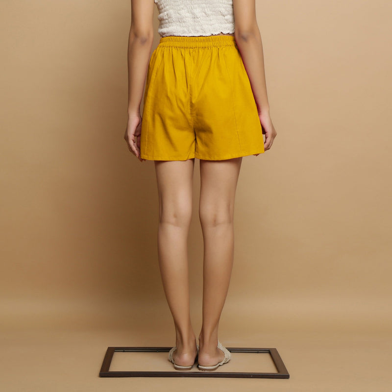 Golden Yellow Cotton Poplin Mid-Rise Shorts