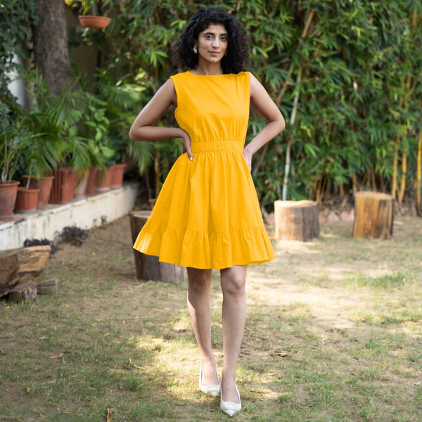 Golden Yellow Cotton Poplin Sleeveless Gathered Short Dress