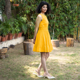 Golden Yellow Cotton Poplin Sleeveless Gathered Short Dress