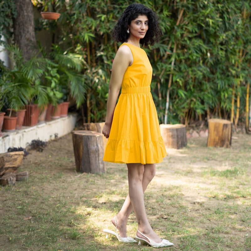 Golden Yellow Cotton Poplin Sleeveless Gathered Short Dress