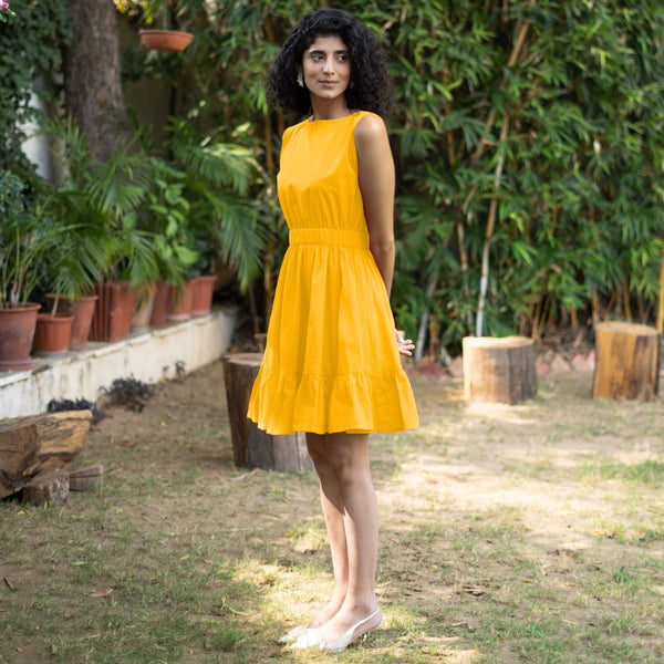 Golden Yellow Cotton Poplin Sleeveless Gathered Short Dress