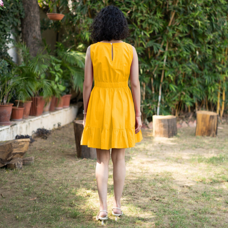 Golden Yellow Cotton Poplin Sleeveless Gathered Short Dress