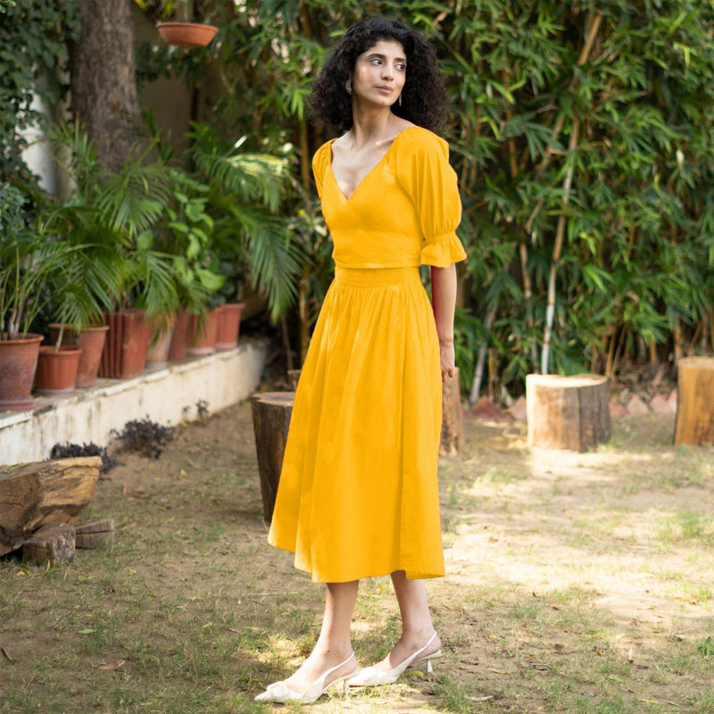 Golden Yellow Cotton Poplin V-Neck Gathered Midi Wrap Dress 52" / Custom Height (Free) Golden Yellow Cotton Poplin V-Neck Gathered Midi Wrap Dress 52" / Custom Height (Free)