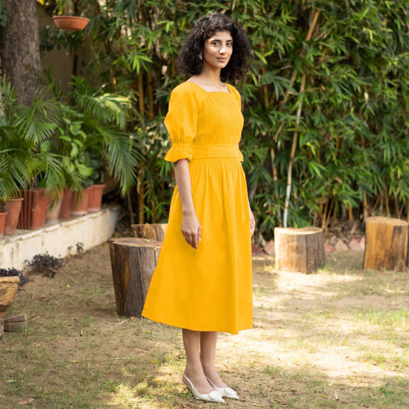 Golden Yellow Cotton Poplin V-Neck Gathered Midi Wrap Dress