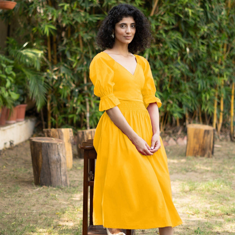 Golden Yellow Cotton Poplin V-Neck Gathered Midi Wrap Dress