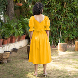 Golden Yellow Cotton Poplin V-Neck Gathered Midi Wrap Dress