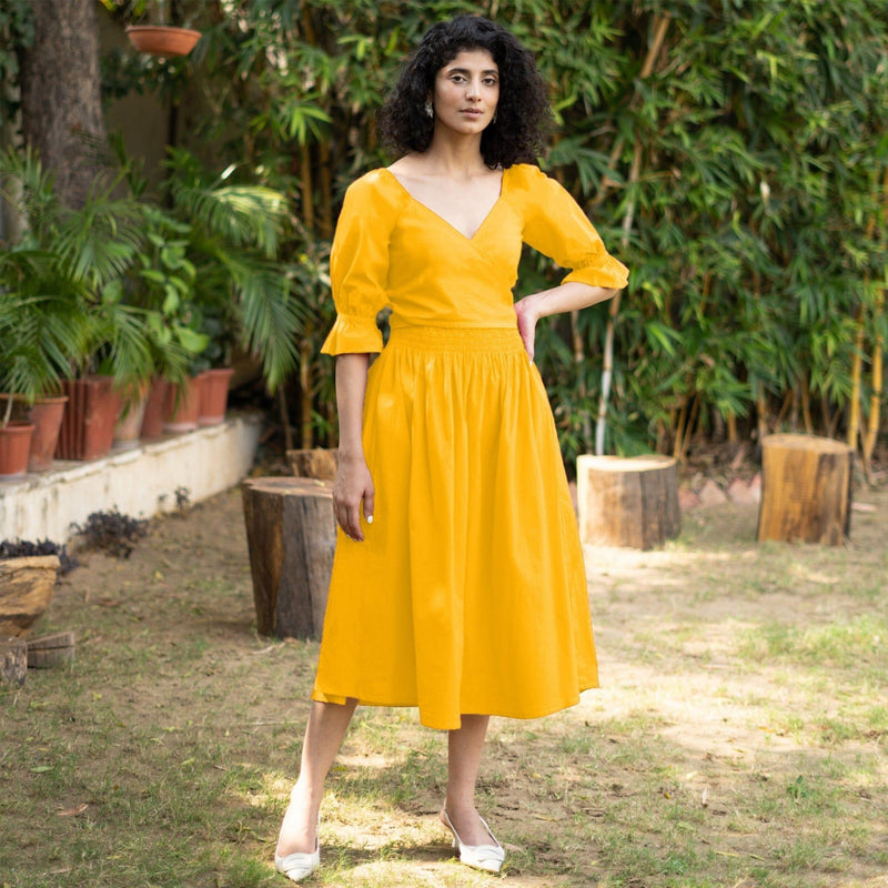 Golden Yellow Cotton Poplin V-Neck Gathered Midi Wrap Dress