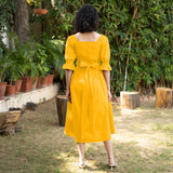 Golden Yellow Cotton Poplin V-Neck Gathered Midi Wrap Dress