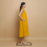 Golden Yellow Hand-Embroidered Cotton Poplin Sleeveless Midi Dress