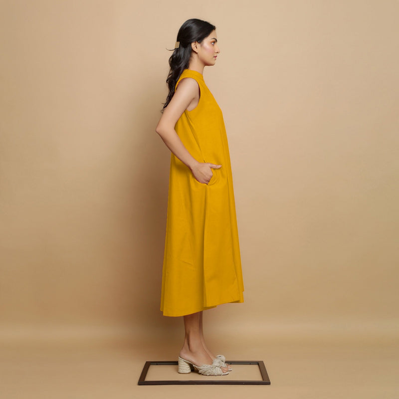 Golden Yellow Hand-Embroidered Cotton Poplin Sleeveless Midi Dress