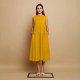 Golden Yellow Hand-Embroidered Cotton Poplin Sleeveless Midi Dress