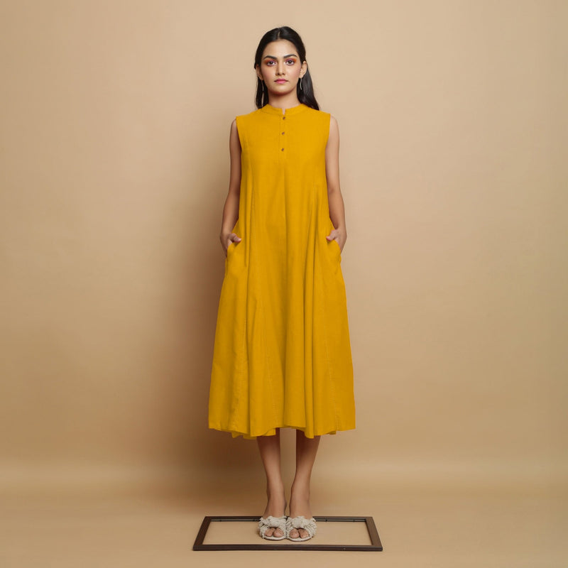 Golden Yellow Hand-Embroidered Cotton Poplin Sleeveless Midi Dress