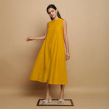 Golden Yellow Hand-Embroidered Cotton Poplin Sleeveless Midi Dress