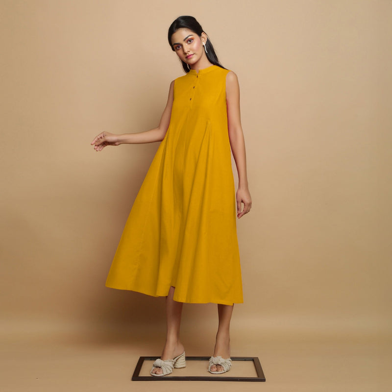 Golden Yellow Hand-Embroidered Cotton Poplin Sleeveless Midi Dress