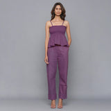 Front View of a Model wearing Grape Wine Top and Rolled-Up Pant Set