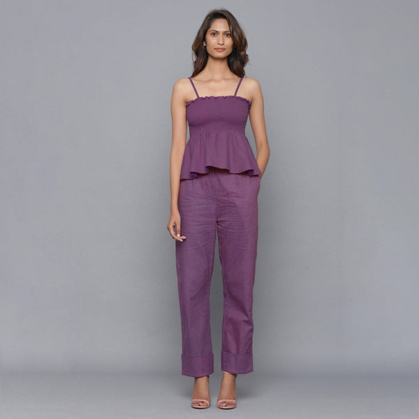 Front View of a Model wearing Grape Wine Top and Rolled-Up Pant Set