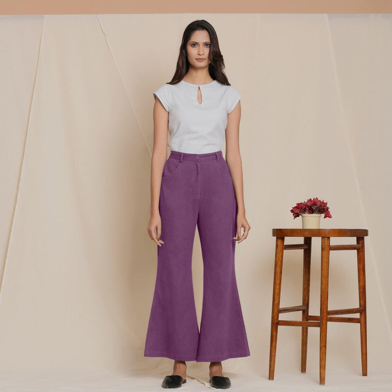 Front View of a Model wearing Warm Cotton Flannel Grape Wine Bootcut Pants