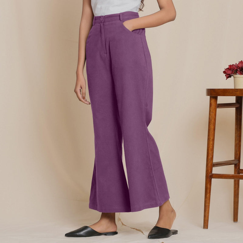 Left View of a Model wearing Warm Cotton Flannel Grape Wine Bootcut Pants