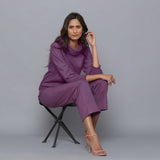 Front View of a Model wearing Grape Wine Blouson Top and Wine Pant Set