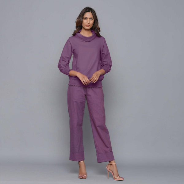 Front View of a Model wearing Grape Wine Blouson Top and Wine Pant Set