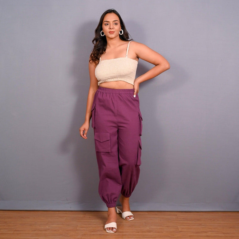 Front View of a Model wearing Grape Wine Warm Cotton Flannel Elasticated Cargo Jogger Pant