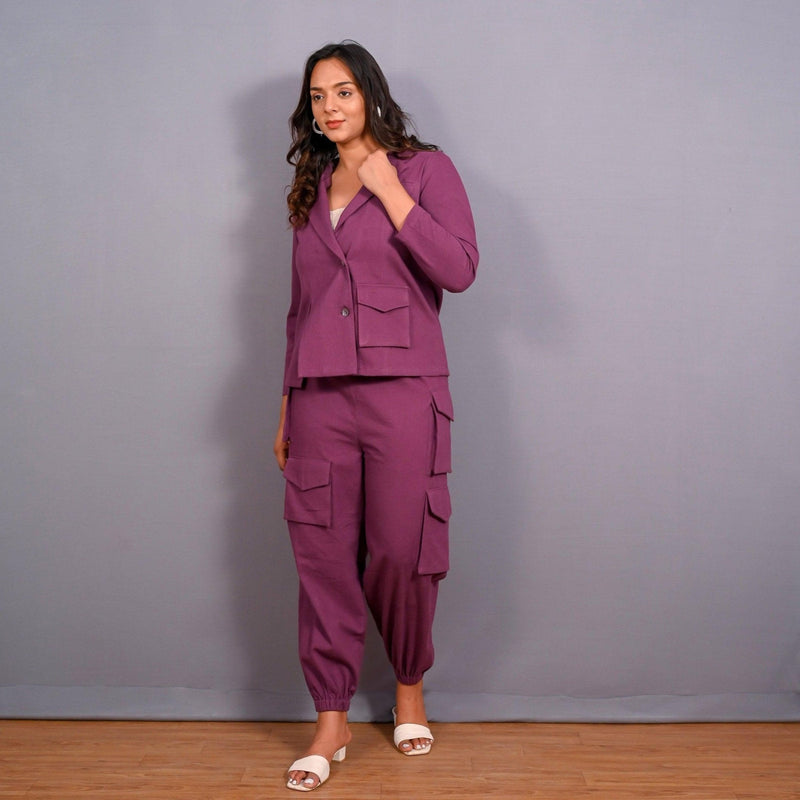 Front View of a Model wearing Grape Wine Warm Cotton Flannel Elasticated Cargo Jogger Pant