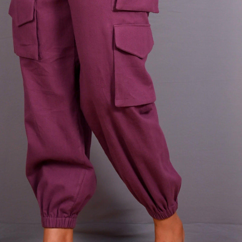 Front Detail of a Model wearing Grape Wine Warm Cotton Flannel Elasticated Cargo Jogger Pant