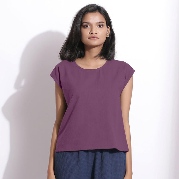 Front View of a Model wearing Warm Cotton Flannel Grape Wine Essential Top