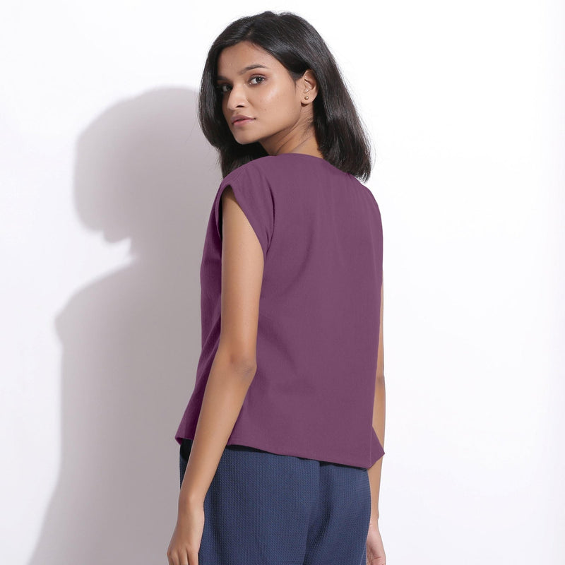 Back View of a Model wearing Warm Cotton Flannel Grape Wine Essential Top