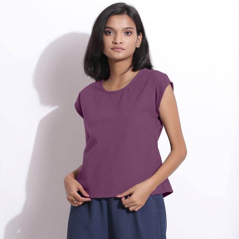 Front View of a Model wearing Warm Cotton Flannel Grape Wine Essential Top