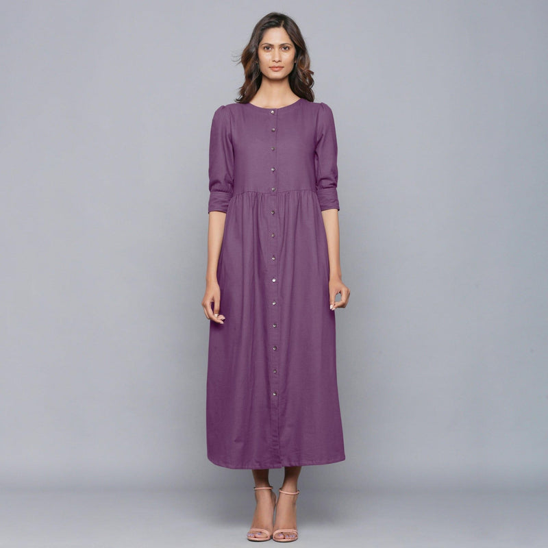 Front View of a Model wearing Grape Wine Flannel Gathered Dress