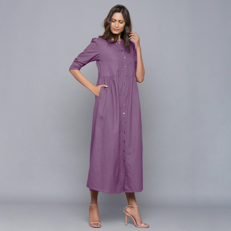 Front View of a Model wearing Grape Wine Flannel Gathered Dress