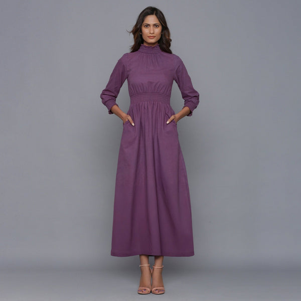 Grape Wine Warm Cotton Flannel High Neck Maxi Dress