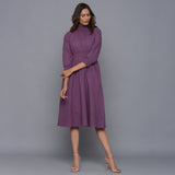 Front View of a Model wearing Grape Wine Flannel High Neck Midi Dress