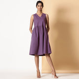 Front View of a Model wearing Grape Wine Warm Cotton Flannel Knee Length Yoke Dress