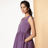 Left View of a Model wearing Warm Cotton Flannel Grape Wine Yoke Dress