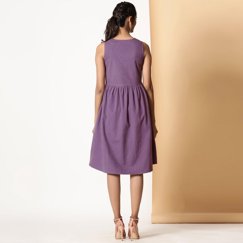 Back View of a Model wearing Warm Cotton Flannel Grape Wine Yoke Dress