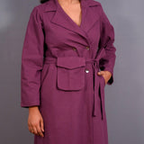 Front Detail of a Model wearing Grape Wine Warm Cotton Flannel Midi Blazer Dress