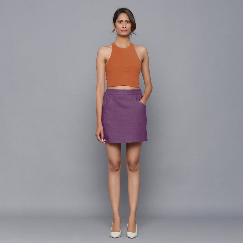 Front View of a Model wearing Grape Wine Flannel Mini Pencil Skirt