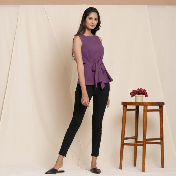 Right View of a Model wearing Warm Grape Wine A-Line Cotton Top