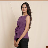 Left View of a Model wearing Warm Grape Wine A-Line Cotton Top