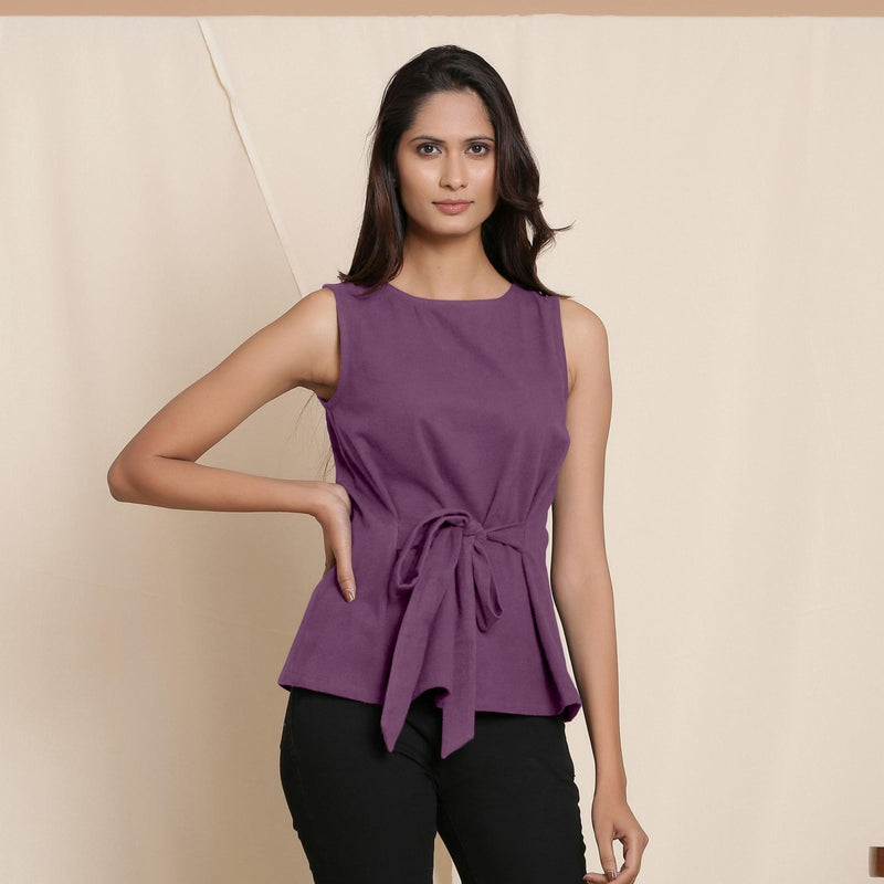 Front View of a Model wearing Warm Grape Wine A-Line Cotton Top