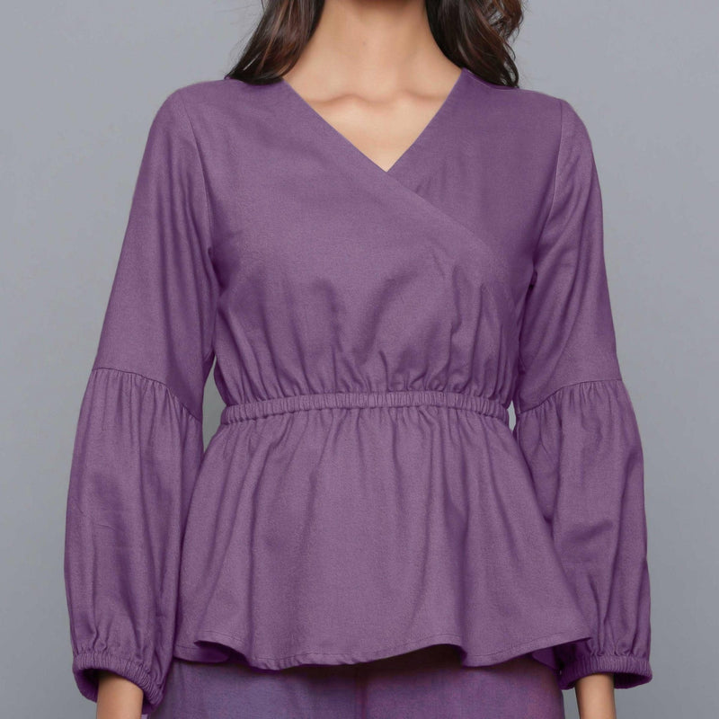 Front Detail of a Model wearing Grape Wine V-Neck Flannel Peplum Top