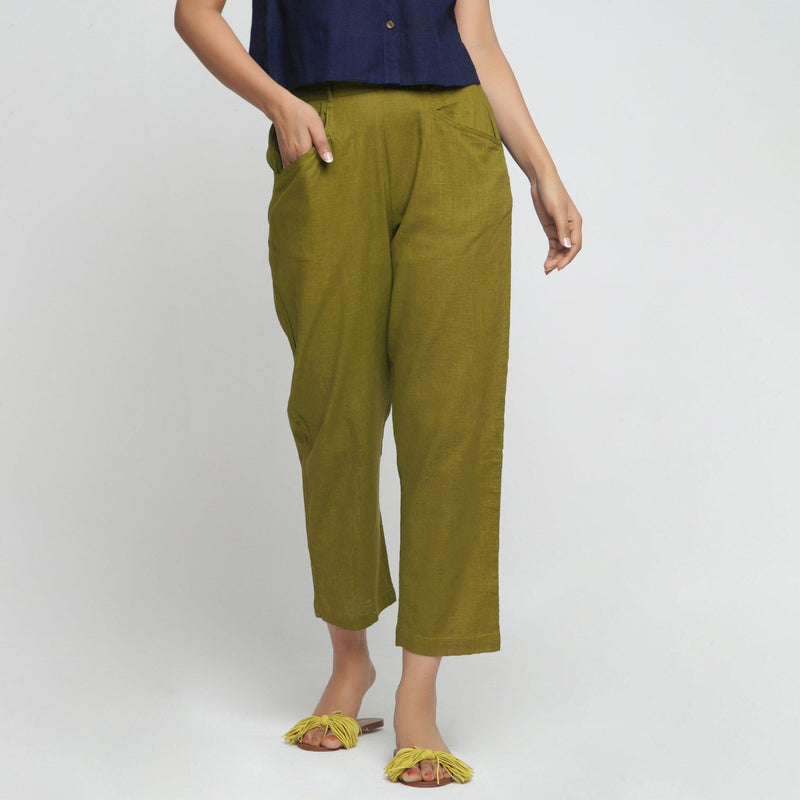 Front View of a Model wearing Green Ankle Length Mid-Rise Chinos