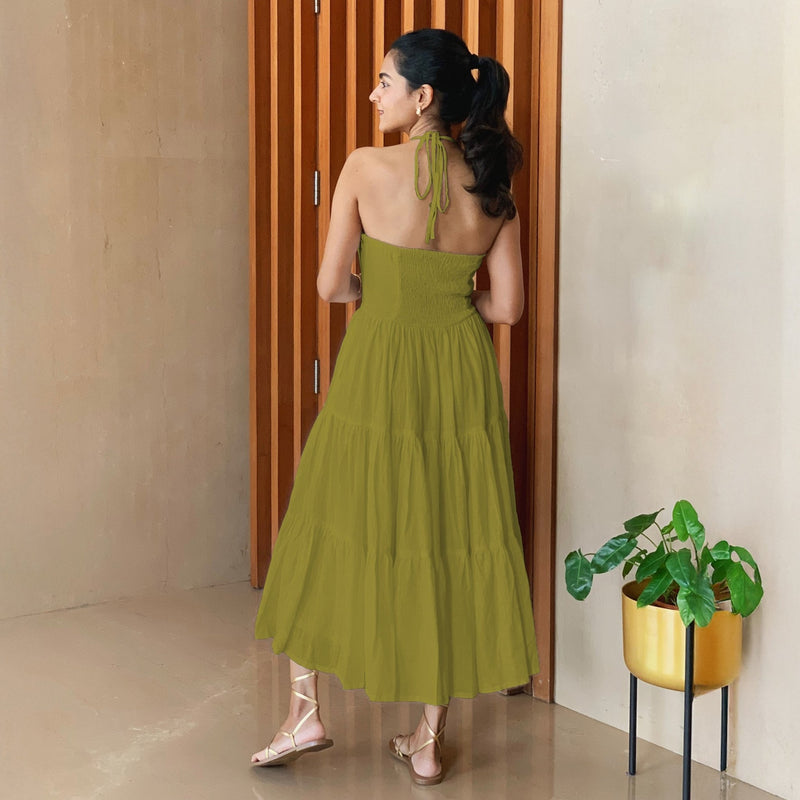 Green 100% Cotton Halter Neck Tier Midi Dress 64" / Custom Height (Free) Green 100% Cotton Halter Neck Tier Midi Dress 64" / Custom Height (Free)