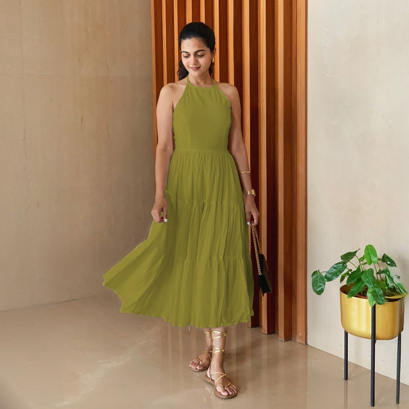 Green 100% Cotton Halter Neck Tier Midi Dress