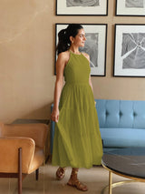 Green 100% Cotton Halter Neck Tier Midi Dress